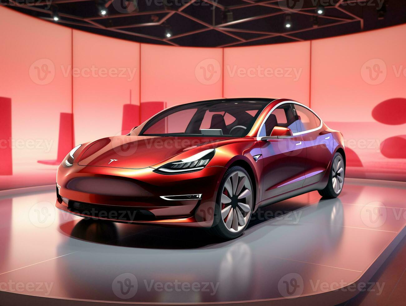 Tesla Model 3 exhibition. Generative AI photo