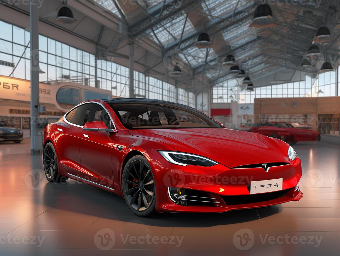 Tesla Model S exhibition. Generative AI photo