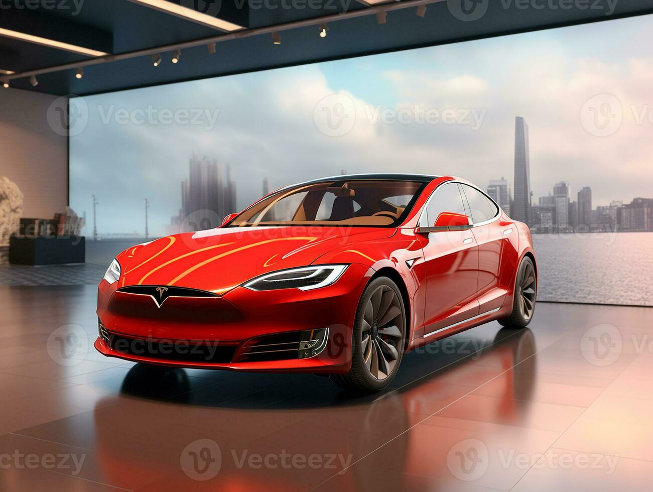 Tesla Model S exhibition. Generative AI photo