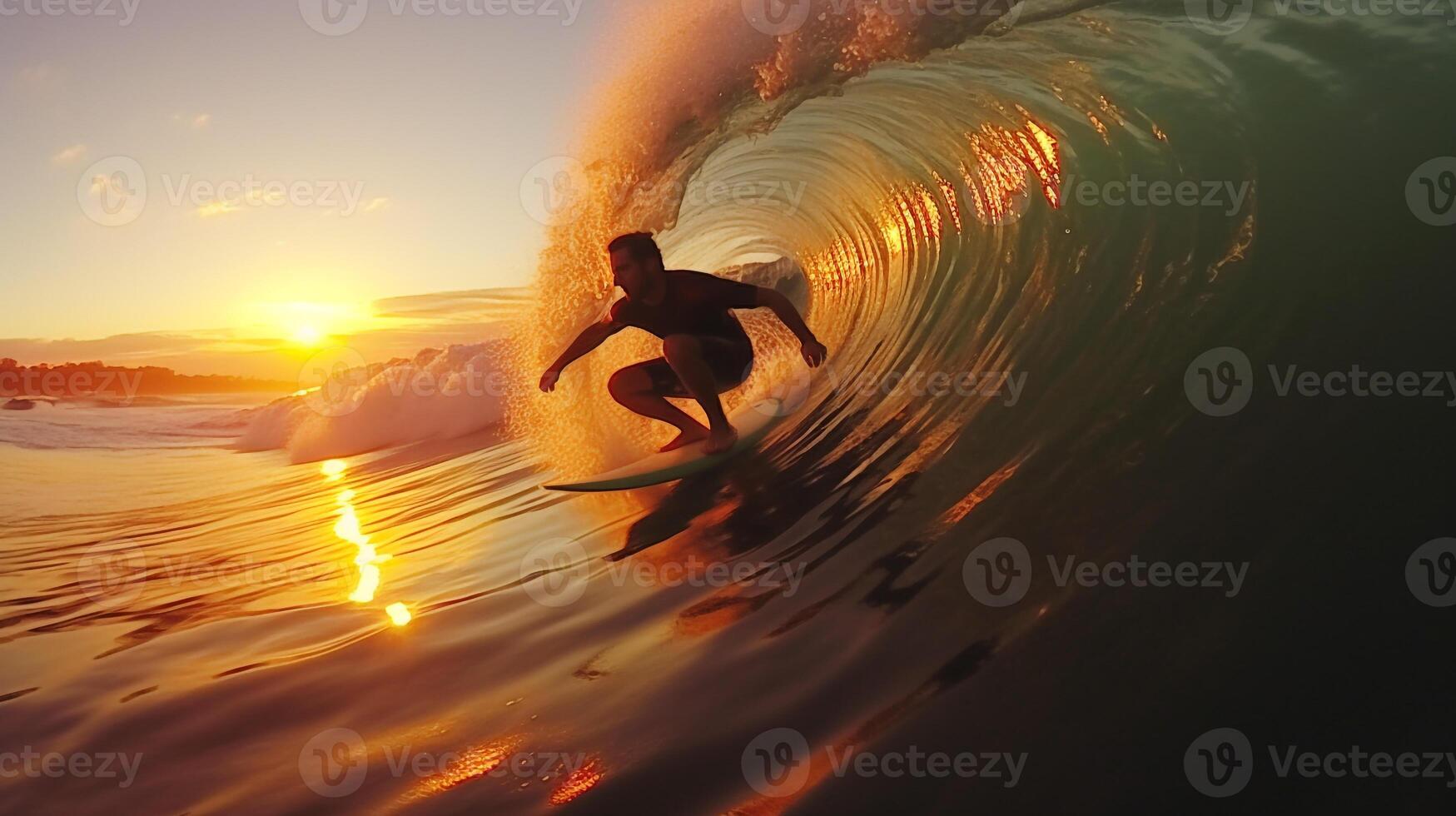 Surfers catching waves. Generative AI photo