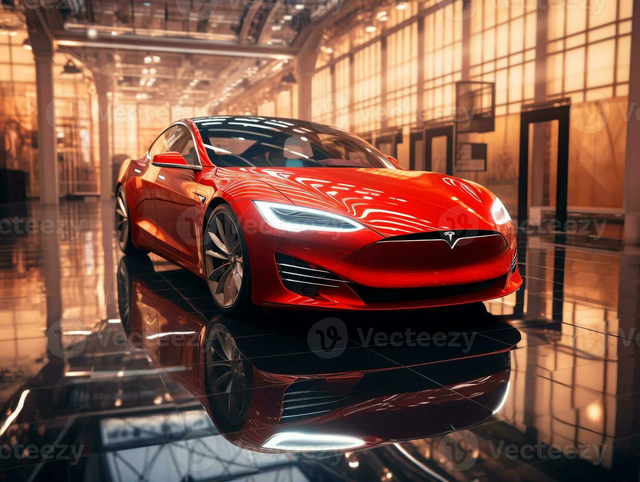 Tesla Model S exhibition. Generative AI photo