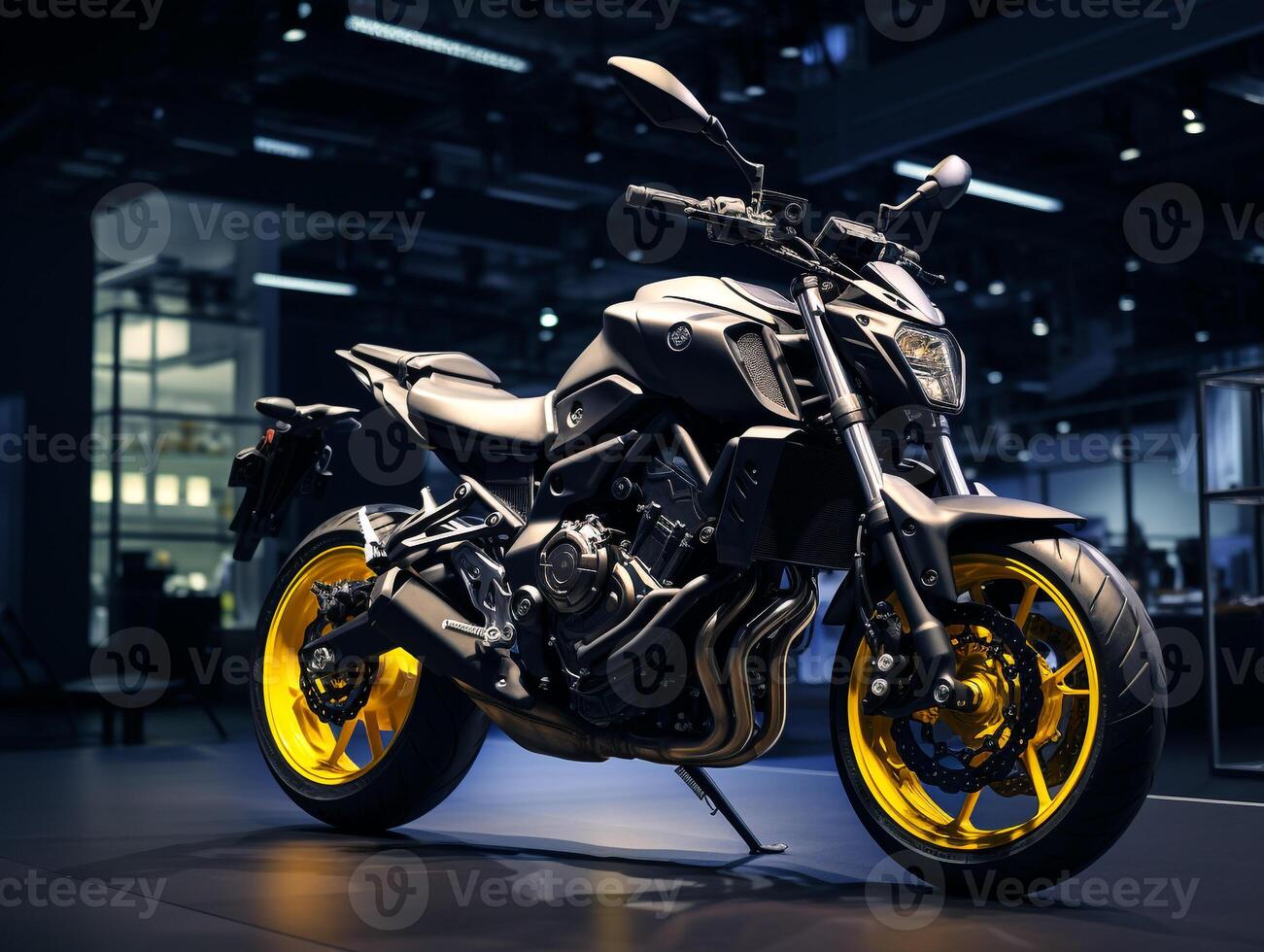 Yamaha MT-07 exhibition. Generative AI photo