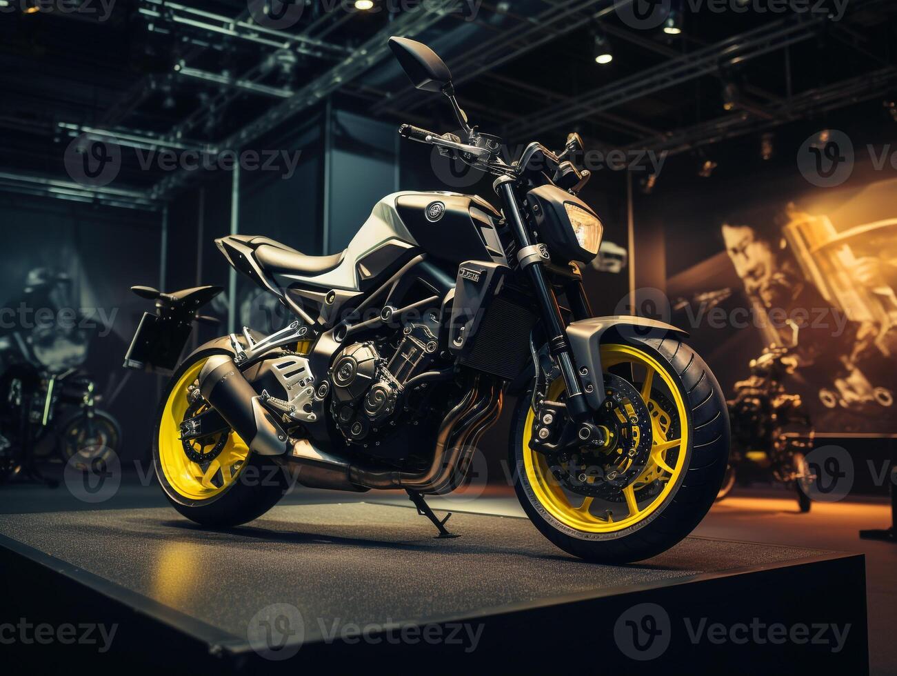 Yamaha FZ-09 exhibition. Generative AI photo