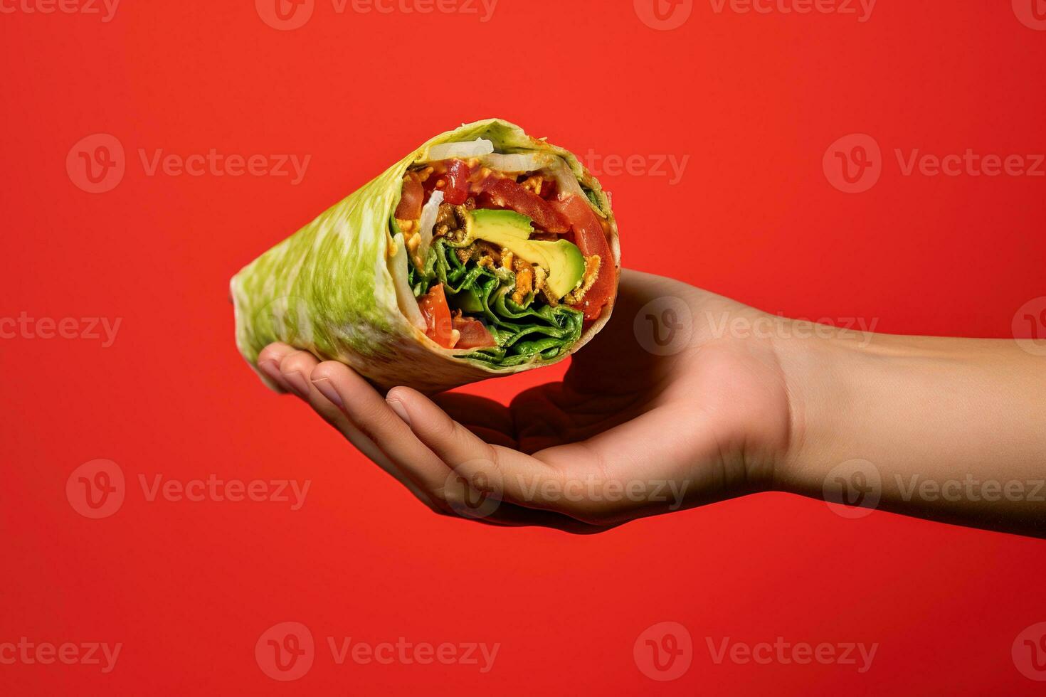 Hands hold Shawarma. Meat, vegetables and salad are wrapped in pita bread. Side view AI Generative photo