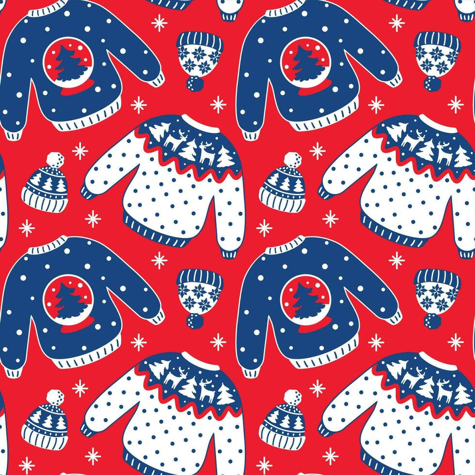 Ugly Christmas sweater and knit hat, funny christmas clothes. Seamless pattern. Vector. vector