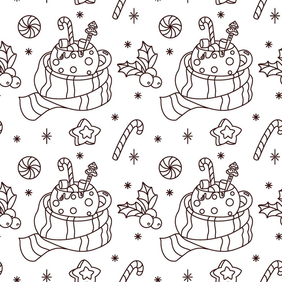 Christmas coffee with marshmallow and candy cane. Seamless pattern. Vector. vector