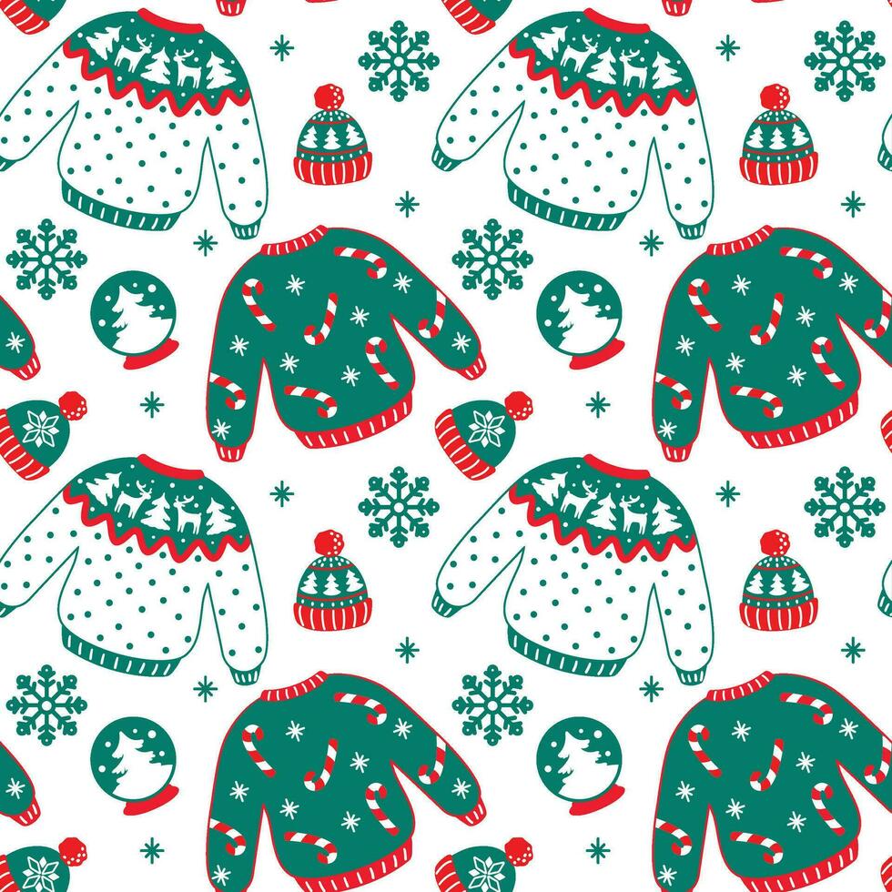 Ugly Christmas sweater and knit hat, funny christmas clothes. Seamless pattern. Vector. vector