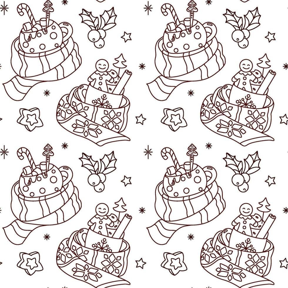 Christmas hot chocolate with marshmallows and gingerbread man. Seamless pattern. Vector. vector