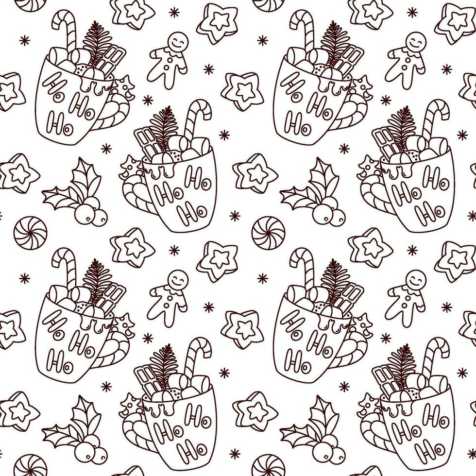 Christmas coffee with marshmallow and candy cane. Seamless pattern. Vector. vector