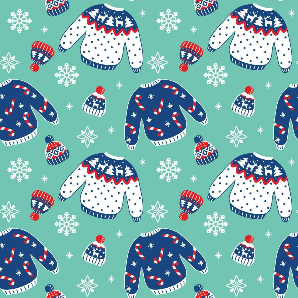 Ugly Christmas sweater and knit hat, funny christmas clothes. Seamless pattern. Vector. vector