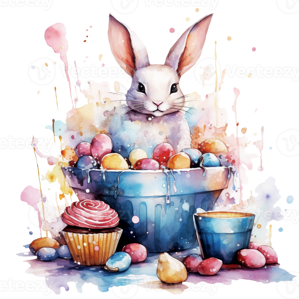 Watercolor Cute Easter bunny with Easter eggs. AI generated png