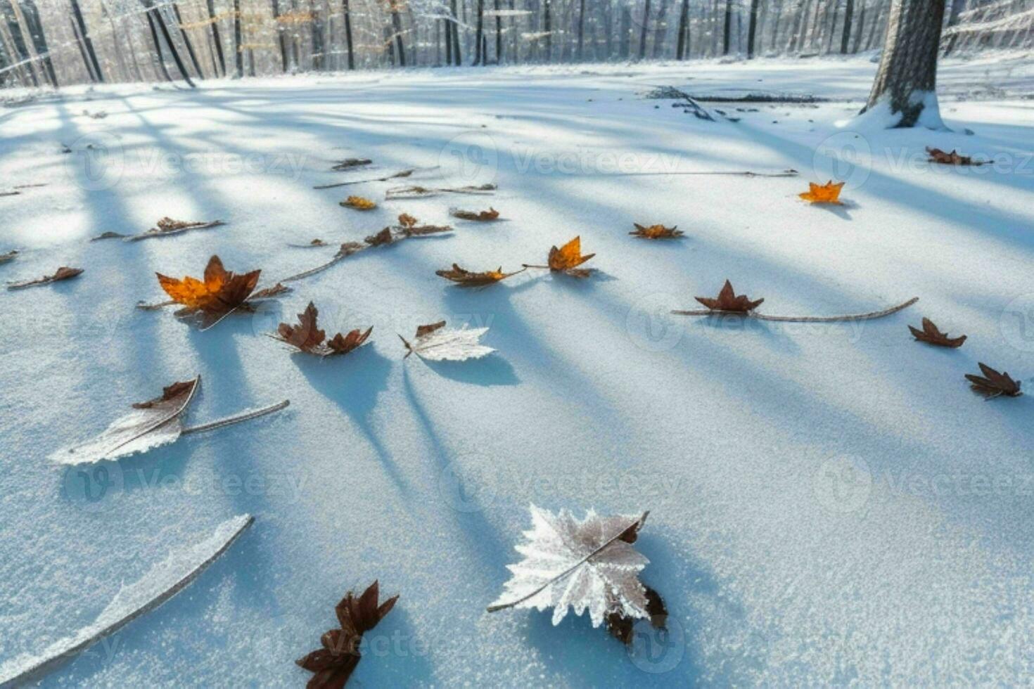 Frosty fallen leaves with shiny ice frost in snowy forest park. background. AI Generative Pro Photo