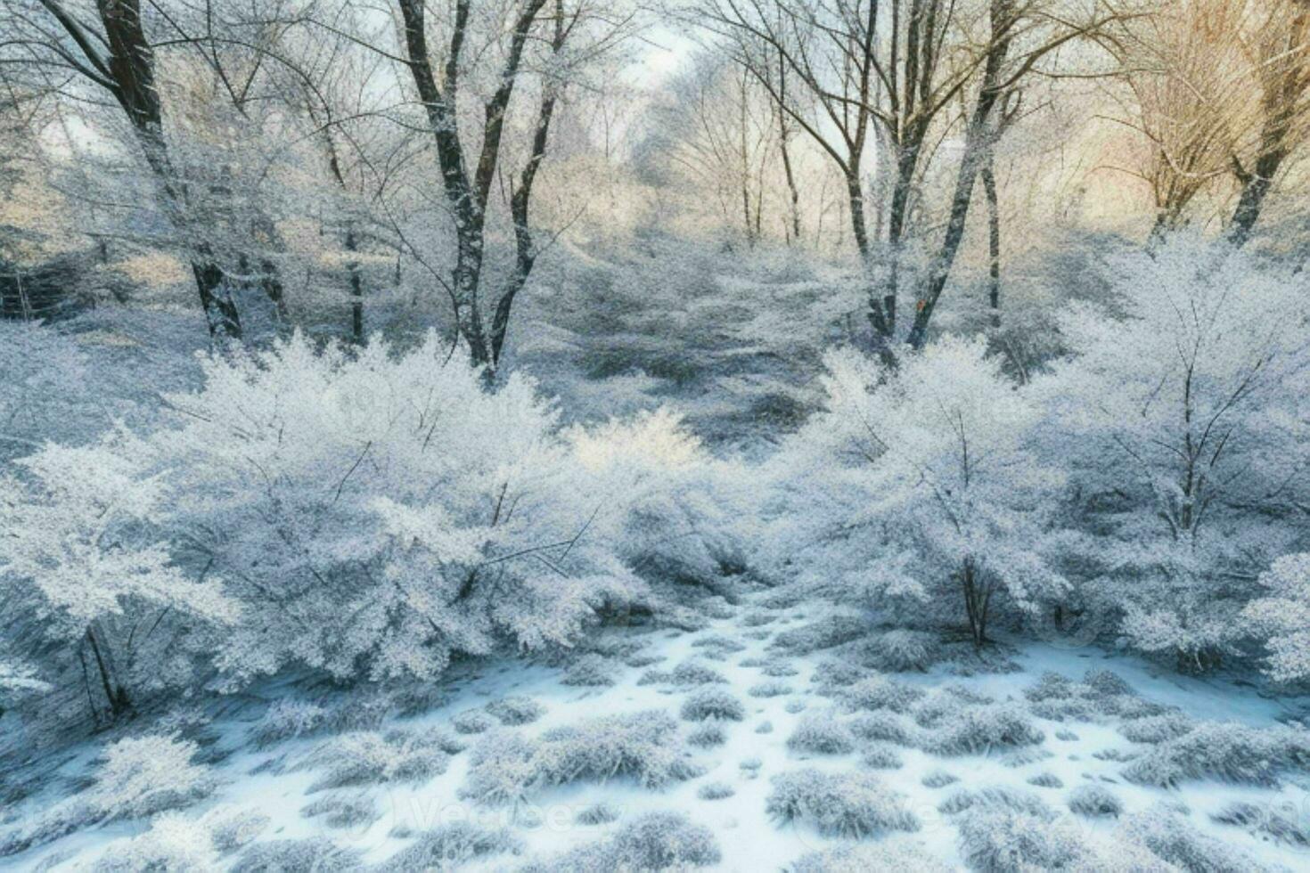 Frosty fallen leaves with shiny ice frost in snowy forest park. background. AI Generative Pro Photo