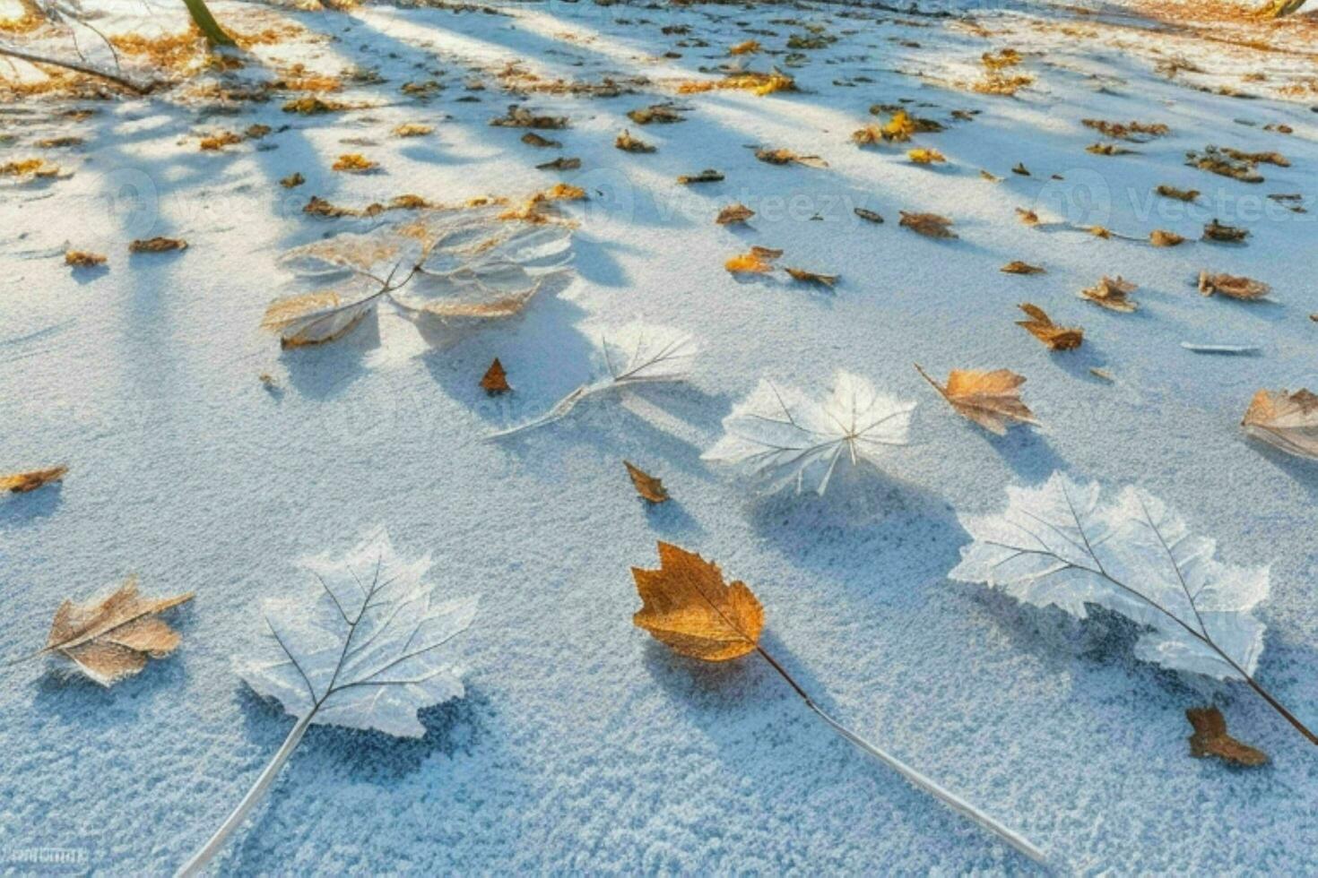 escarchado caído hojas con brillante hielo escarcha en Nevado bosque parque. antecedentes. ai generativo Pro foto