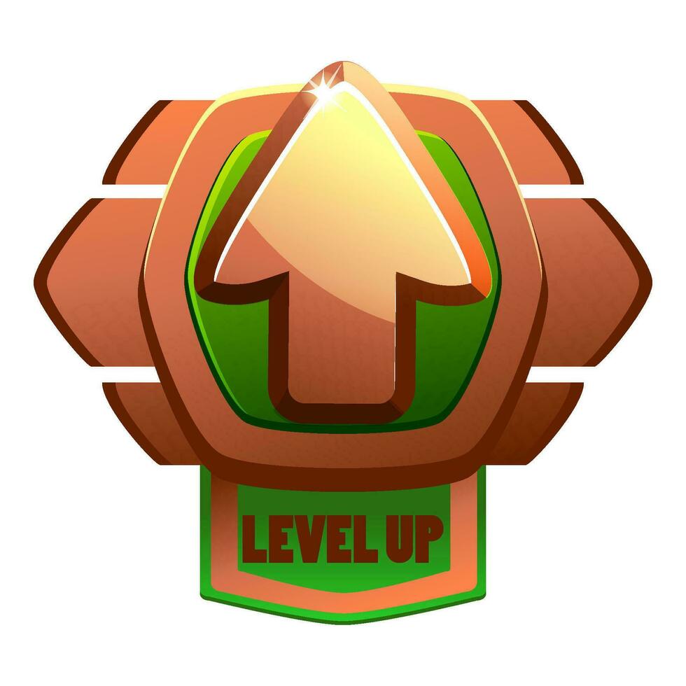 Game bronze level up badge and win icon, shield banner of completed level. Level up icon with a bronze shield for gamer mission completed next-level. vector