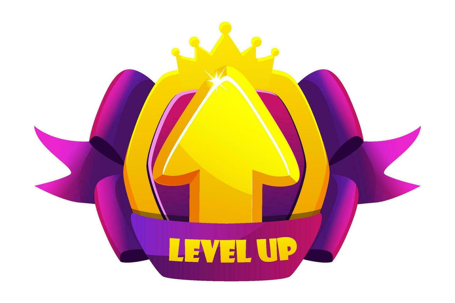 Game level up badge icon. Vector bonus rank reward emblem with golden raising arrow, violet award ribbon, and shield. Winner evaluation ui or GUI app element, user interface rating achievement