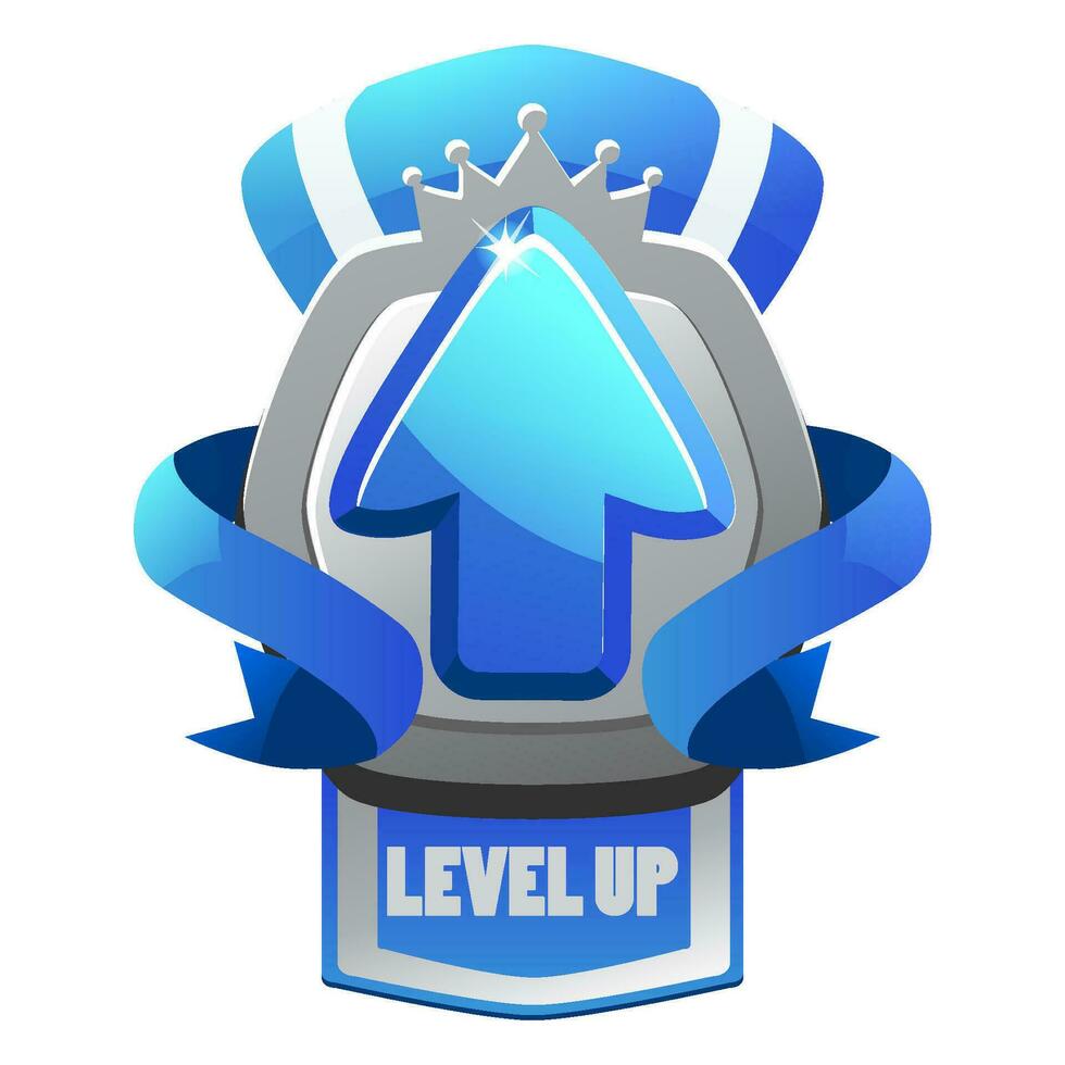 Game silver level up badge and win icon, shield banner of completed level, vector UI sign. Level up icon with a silver shield with a blue ribbon for gamer mission completed next level.