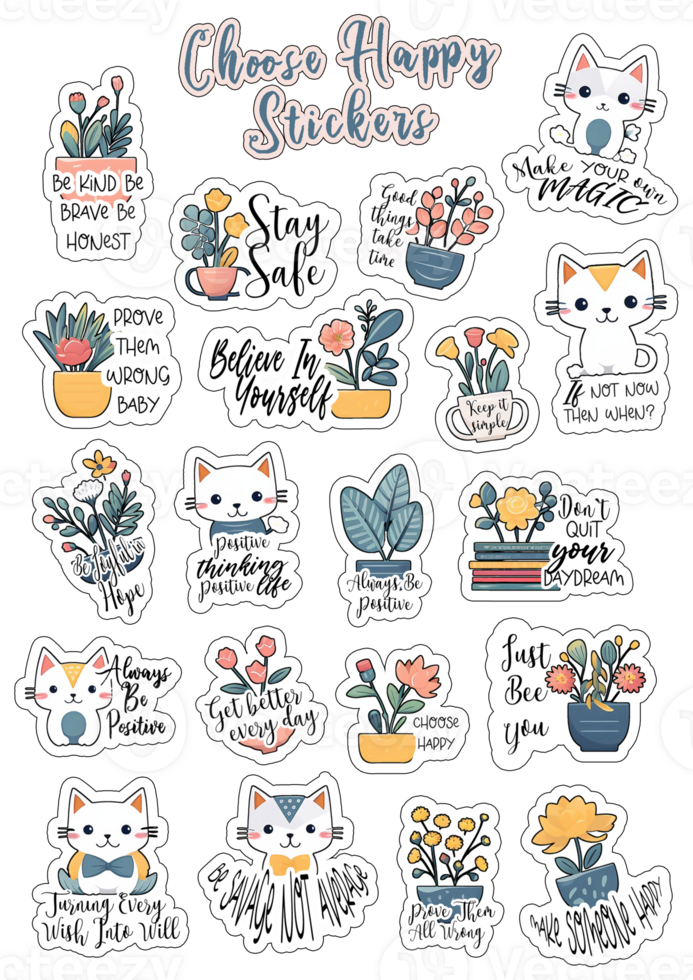 Cute motivational stickers for your planner. Printable stickers with cats and books. AI generated png