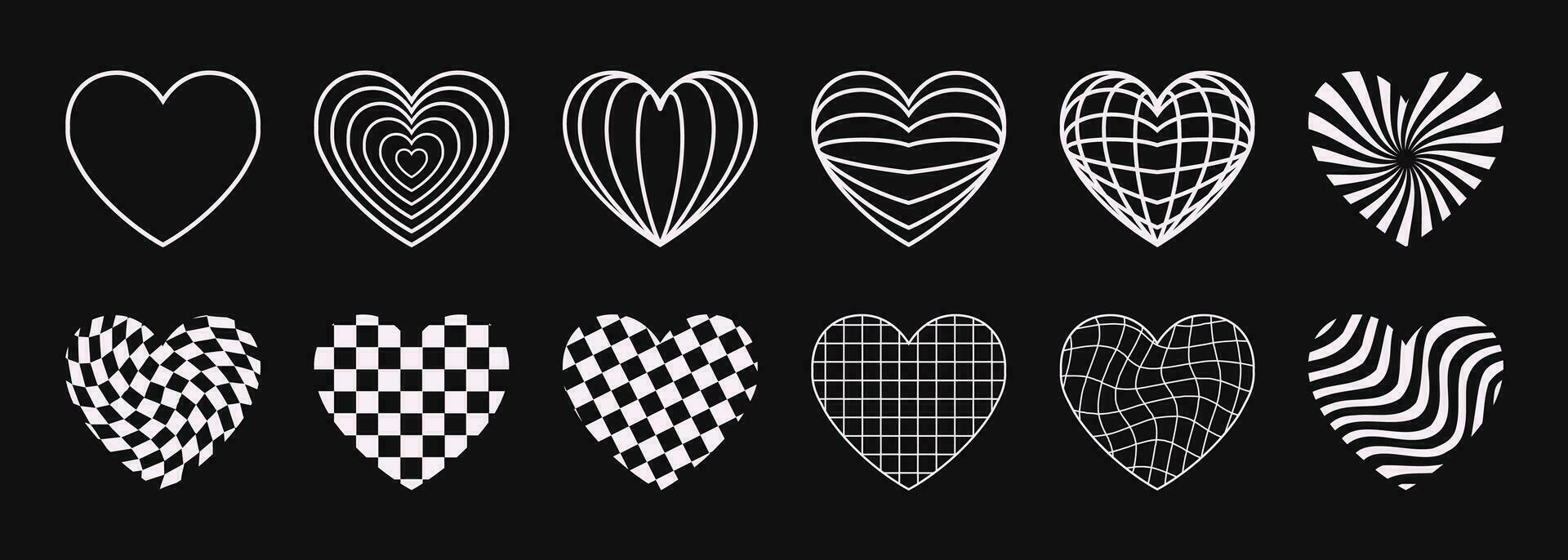 Set of retro heart symbols, stickers, decorative romantic elements in Y2K techno crazy aesthetics. Vector illustration.