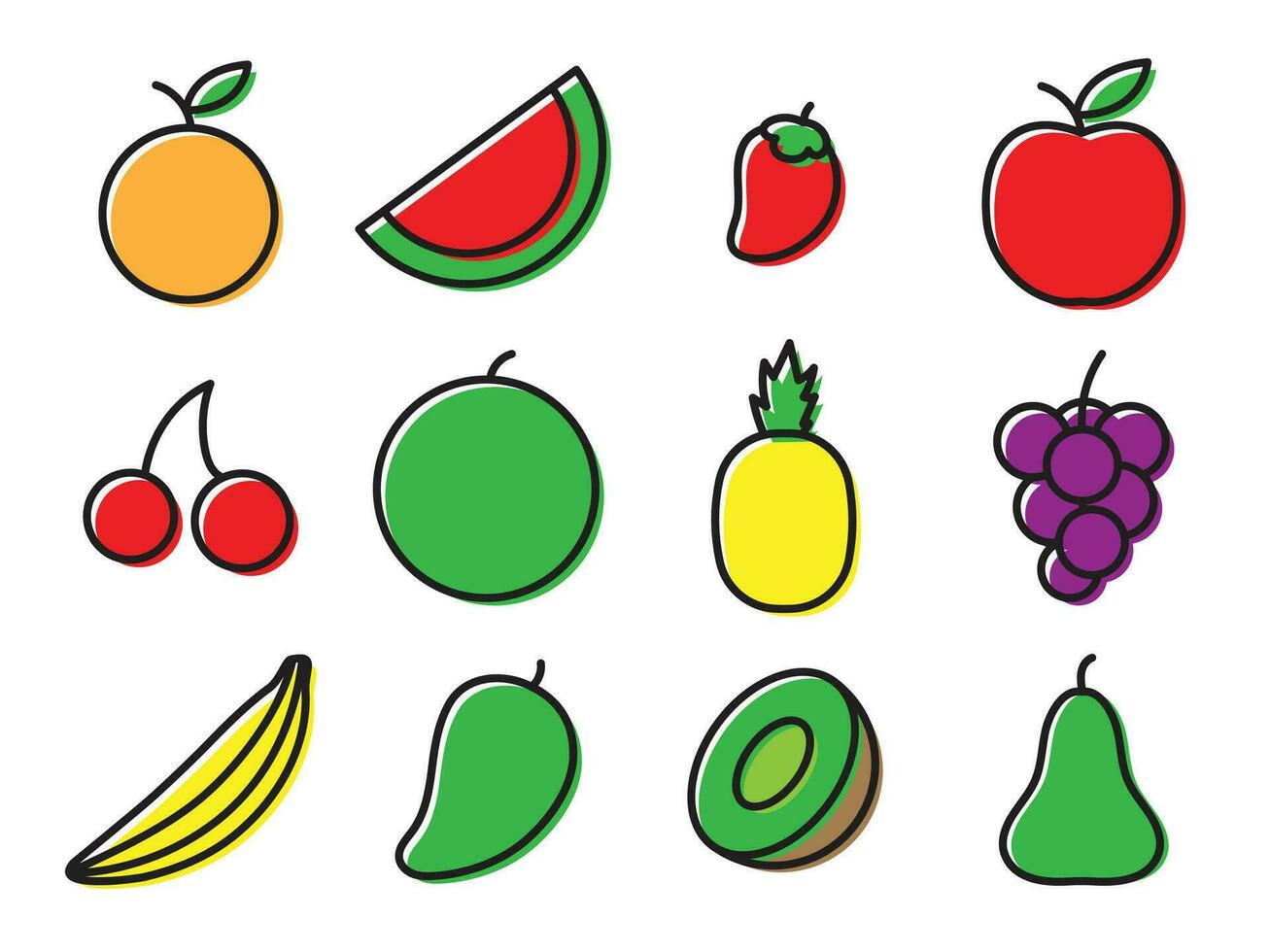 fruit set illustration. vector line art. cartoon style. collection