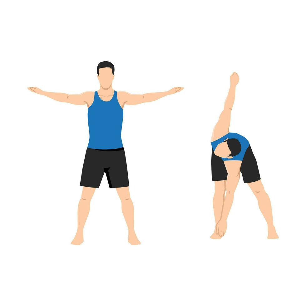 Man doing bent over twists or cross body toe touches exercise. vector