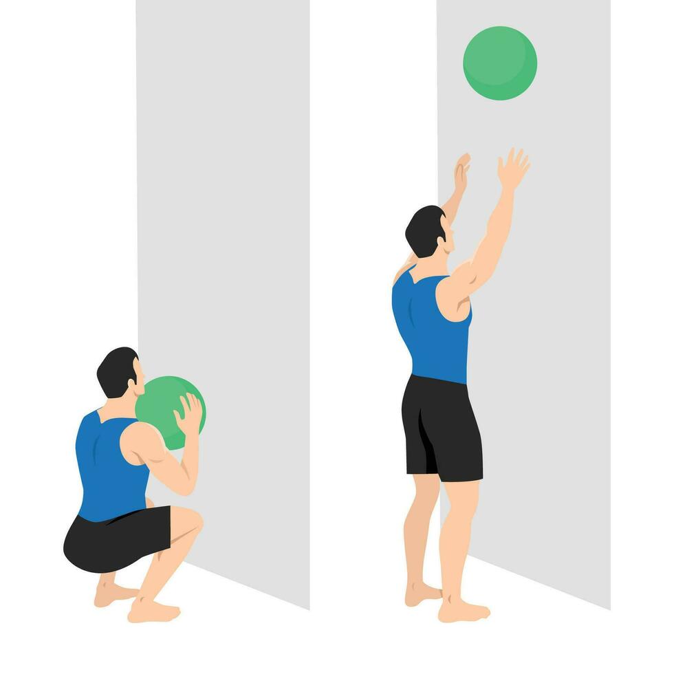 Man doing Medicine Ball Toss Up Exercise. Start with a squat pose and Toss the ball above the head catch the ball and rep. vector