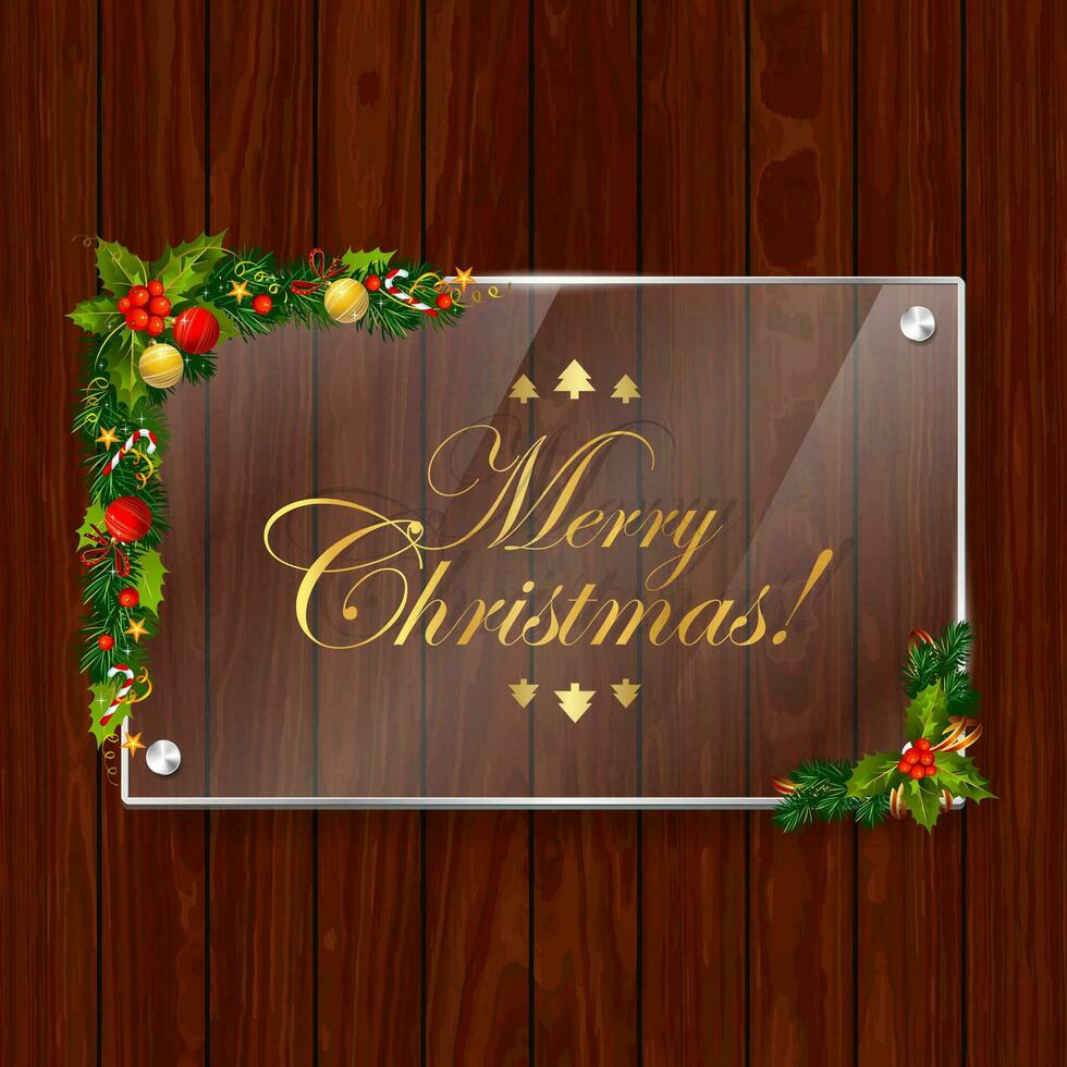 Christmas Decorations With Golden Typography On Wooden Background vector