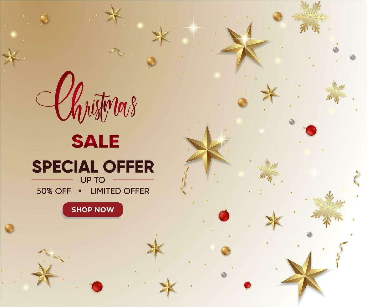 Christmas Sale Banner With Golden Stars Snowflakes And Bauble vector