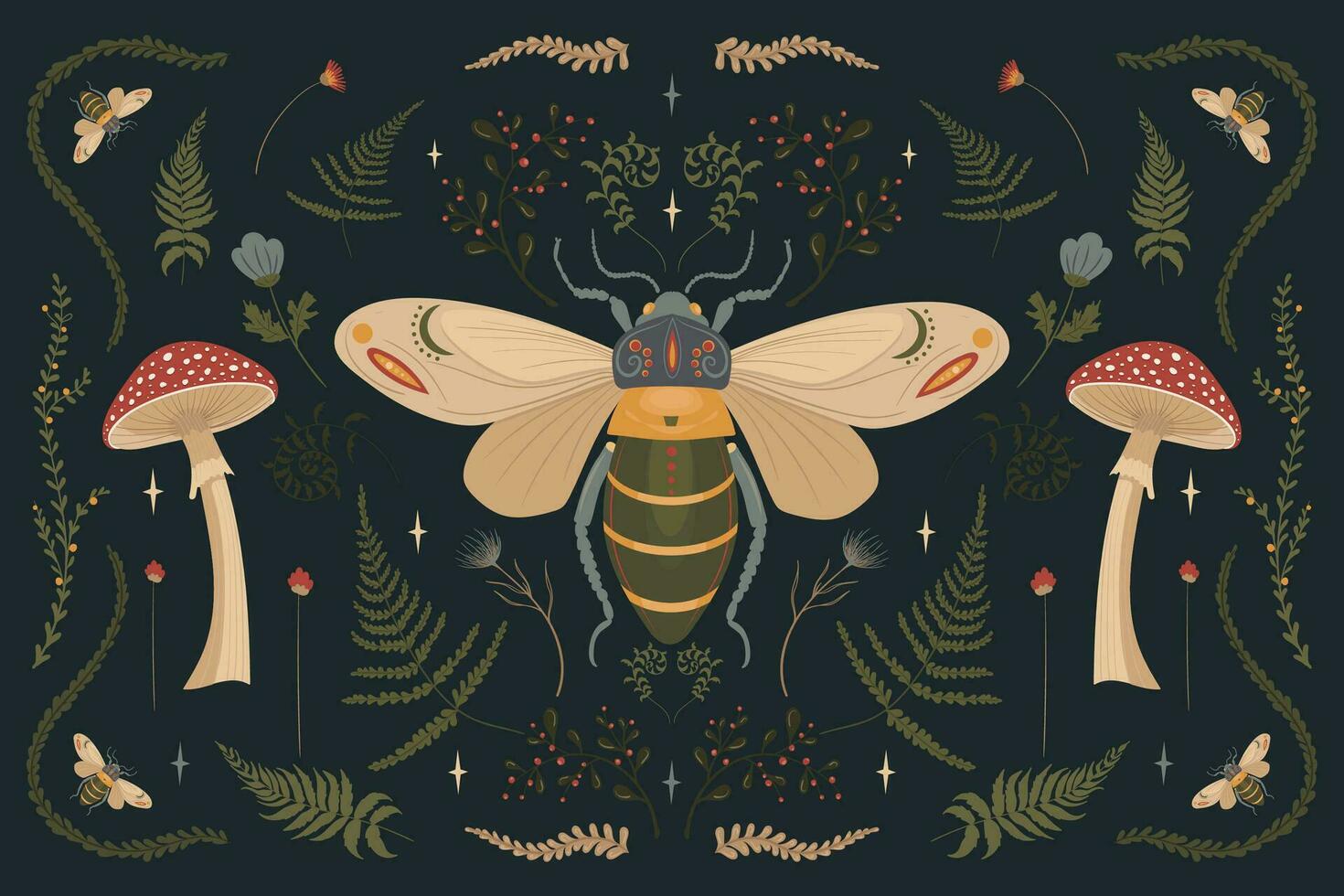 Forest poster, fly agaric, beetle, fern, on a dark background. vector