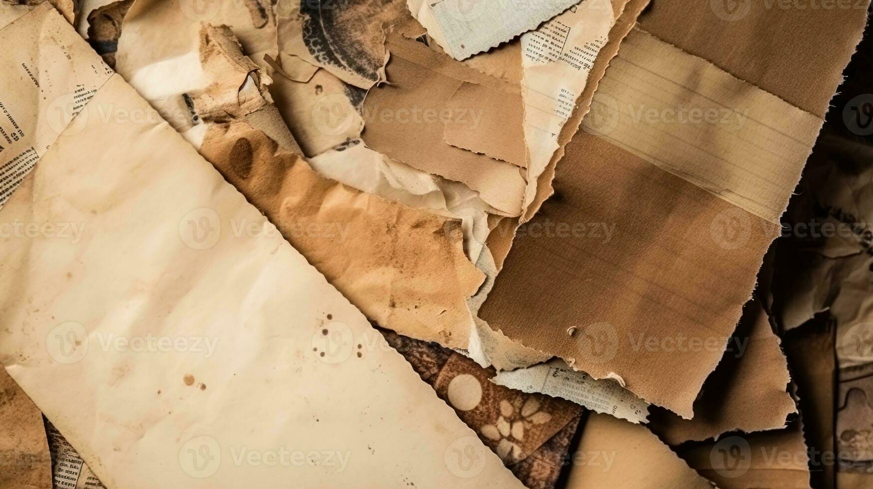 close up top view full vintage of Paper Scraps cutouts of authentic paper textures vintage newspapers and classic literature background photo