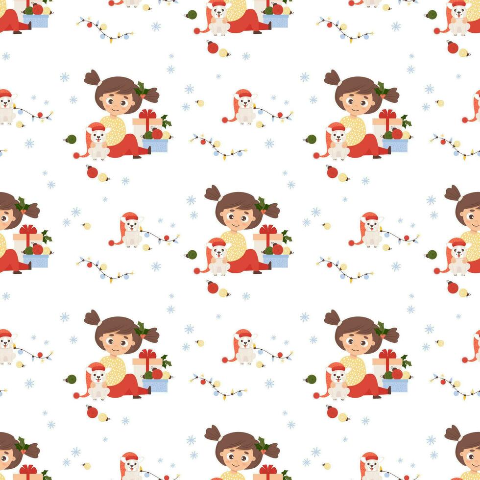Christmas seamless pattern. Cute girl with puppy, New Year gifts and balls on white background with snowflakes. Vector illustration
