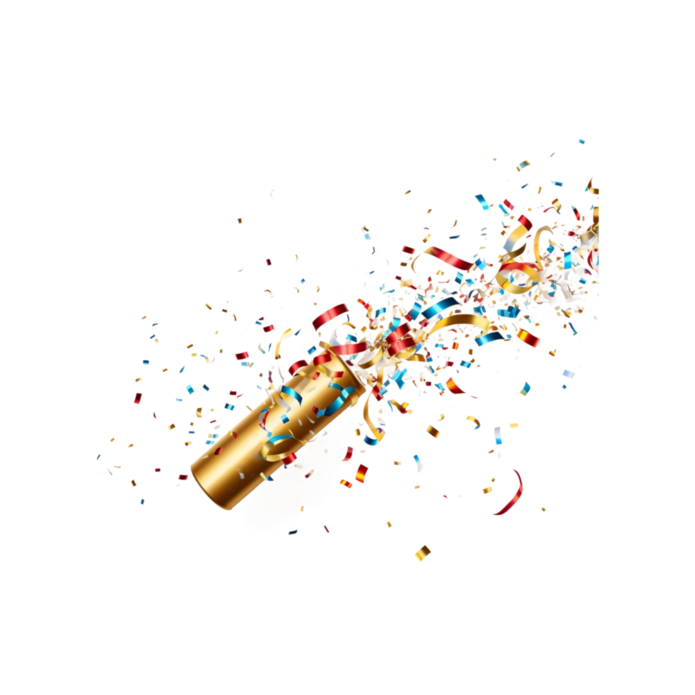 Party cracker with gold confetti, ribbon. Holiday carnival popper exploding serpentine salute. Birthday party,  ai generative png