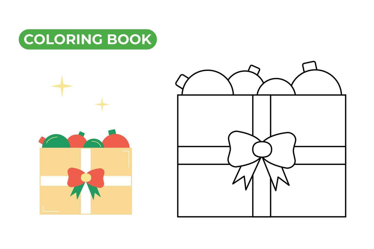 Gift box coloring book. Linear vector illustration of holiday new year decorations. Black and white drawing of box with ribbon and bow and Christmas festive balls.