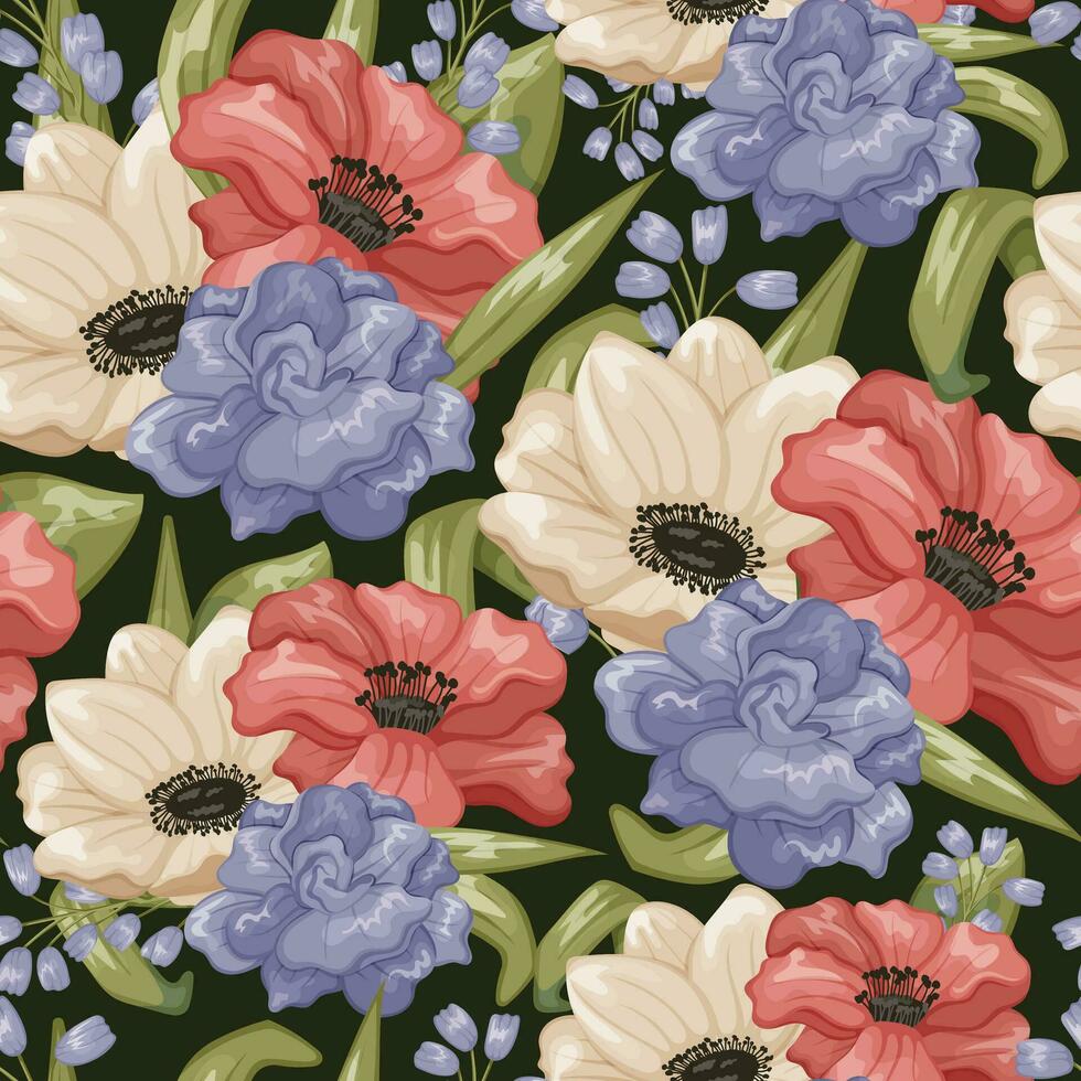 Beautiful blooming buds of roses, anemones and lupins. Vector seamless pattern, cartoon bouquet of flowers with green leaves. Decorative flower arrangement.