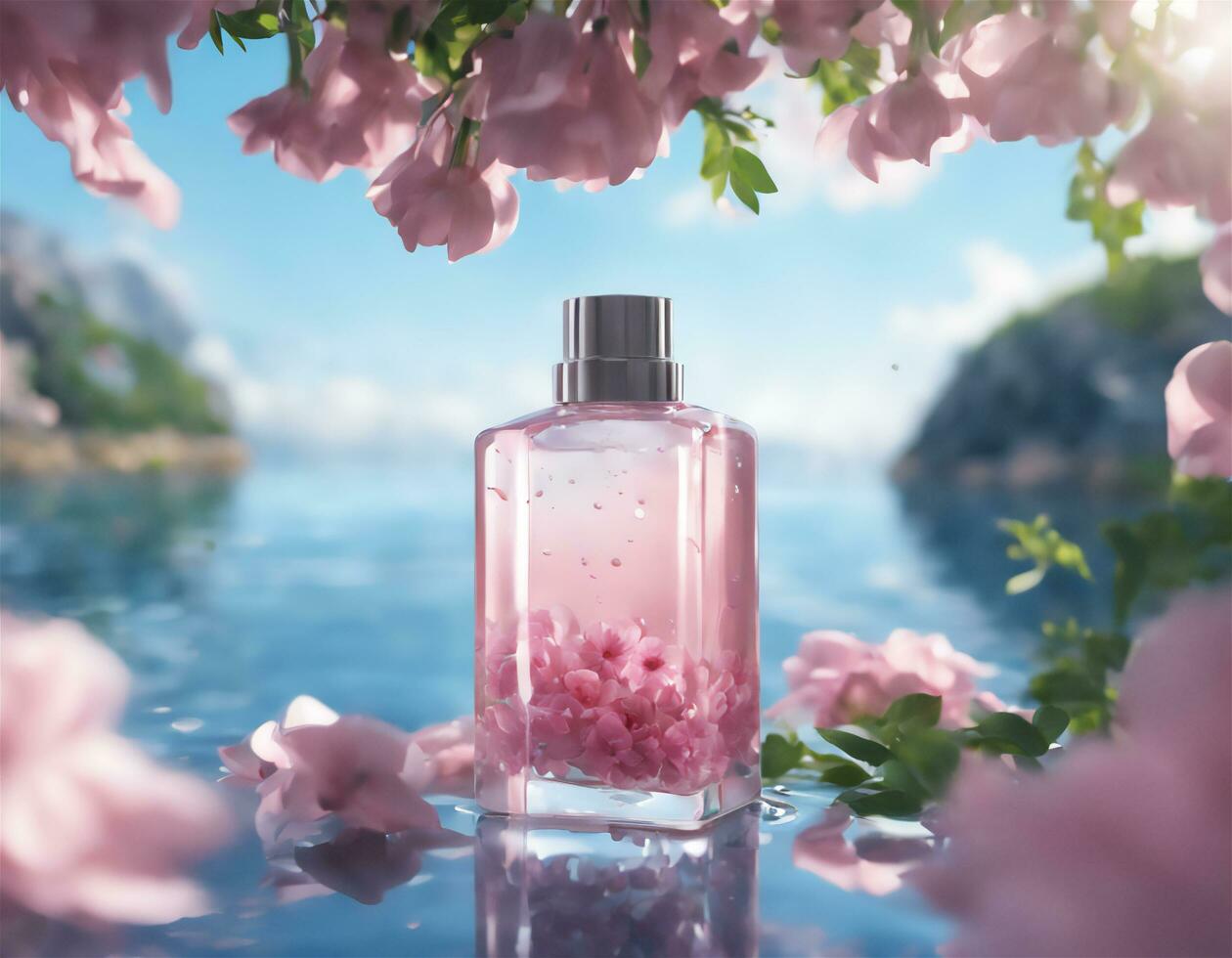 Ai generated Perfume bottle mockup with pink flowers photo