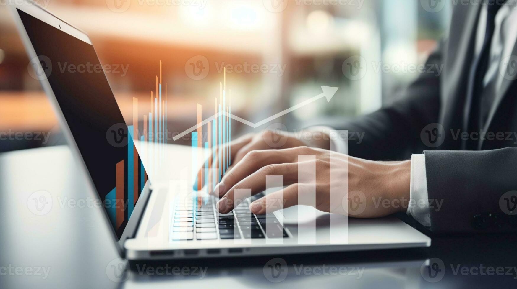 businessman hand with laptop computer and statistics chart. business strategy planning for success. generative AI photo