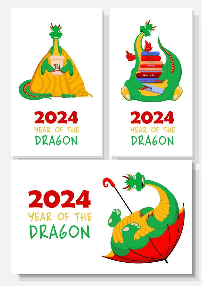 A set of New Year s cards with dragons. Greeting card 2024. vector