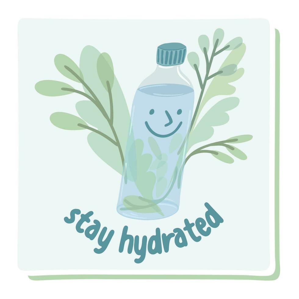 Stay hydrated. Bottled water and green leaves. Drink more water. Vector isolated illustration