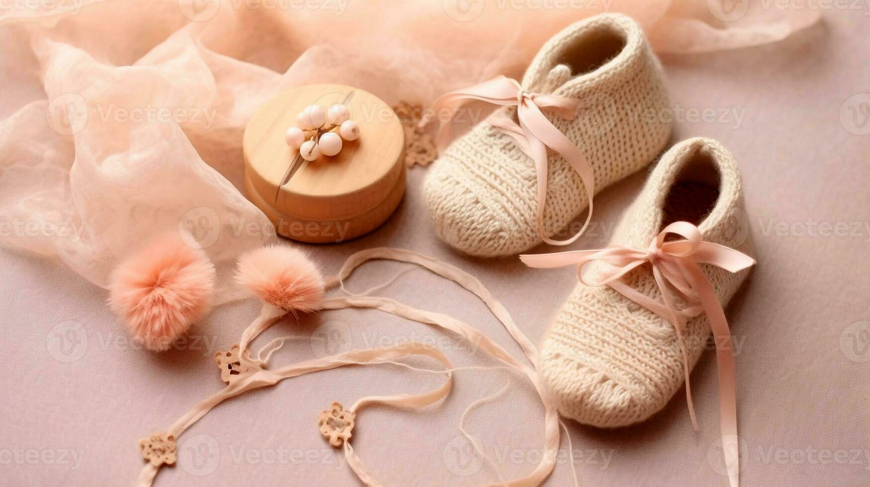 knitting for a newborn, crochet.booties, dress top view on a soft beige background,tenderness,knitting needles,baby legs,lace ribbon and feathers in vintage style,AI generated photo