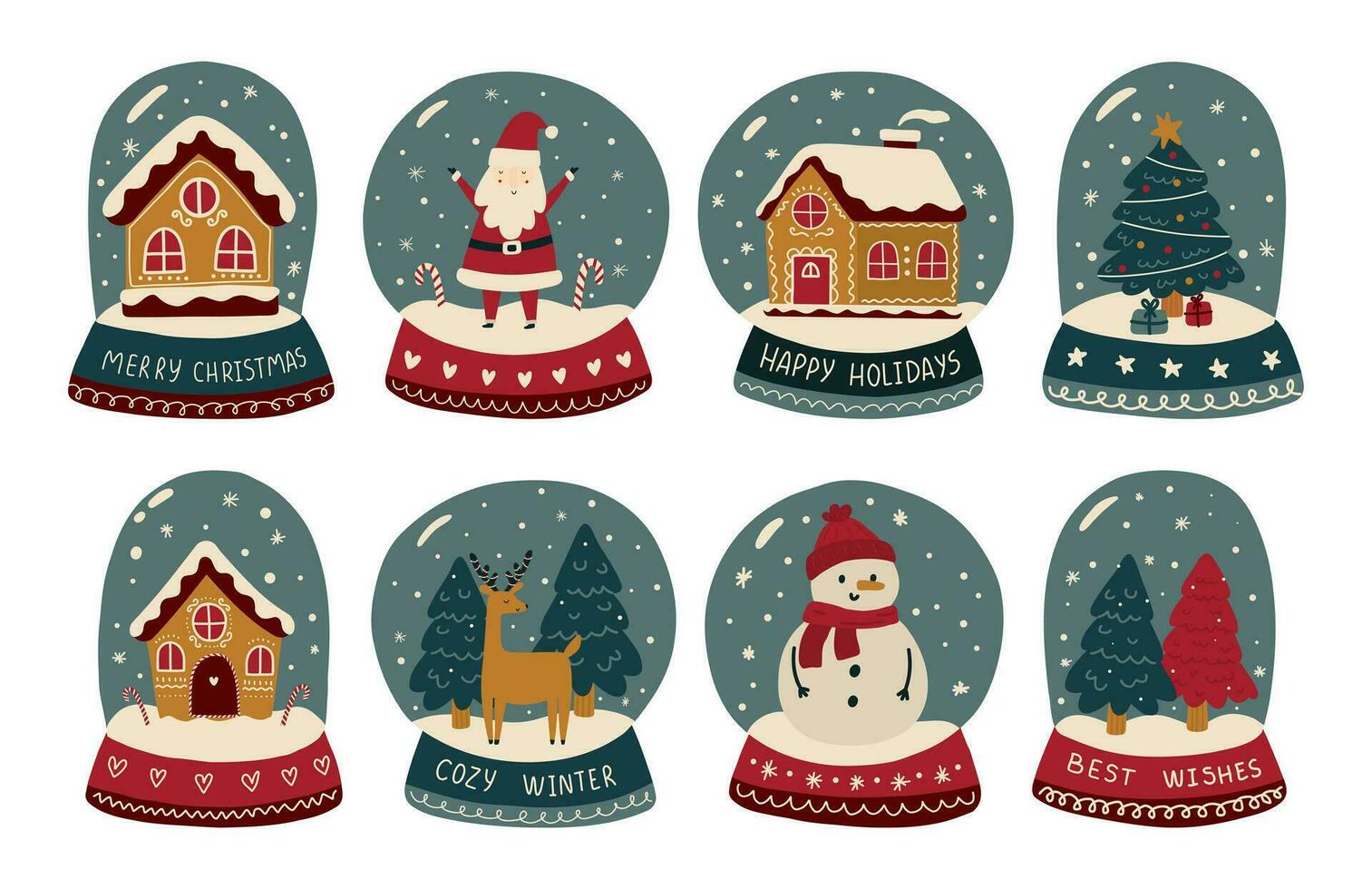 Navidad vaso pelotas con pan de jengibre casas, Navidad árboles, muñeco de nieve, Papa Noel noel, copos de nieve en invierno y mucho más. Navidad cristal burbujas con un pequeño mágico cuento de hadas atmósfera . vector