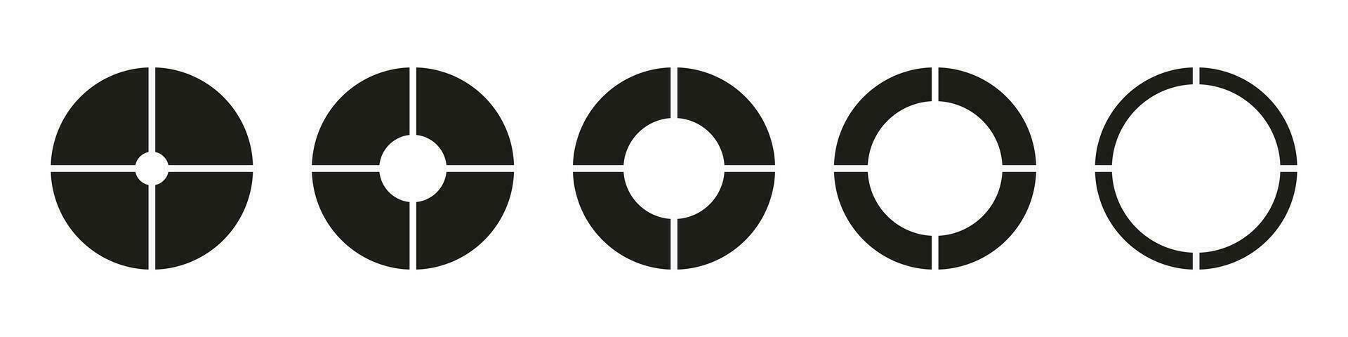 ruedas redondo dividido en cuatro secciones. diagramas infografía colocar. circulo sección gráficos tarta gráfico iconos rosquilla gráficos, pasteles segmentario en 4 4 igual partes. geométrico elementos. vector sencillo ilustración.