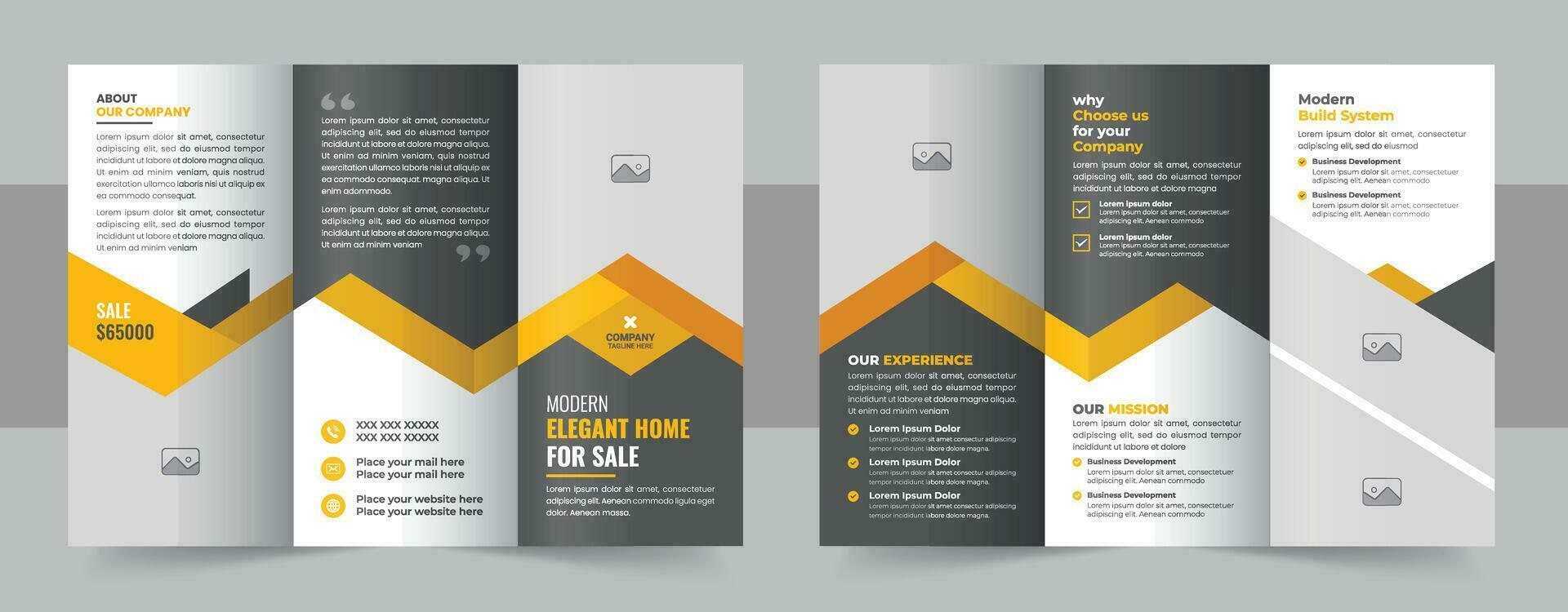 Home selling and renovation brochure design for marketing. House construction and sale tri fold brochure vector with photo placeholder