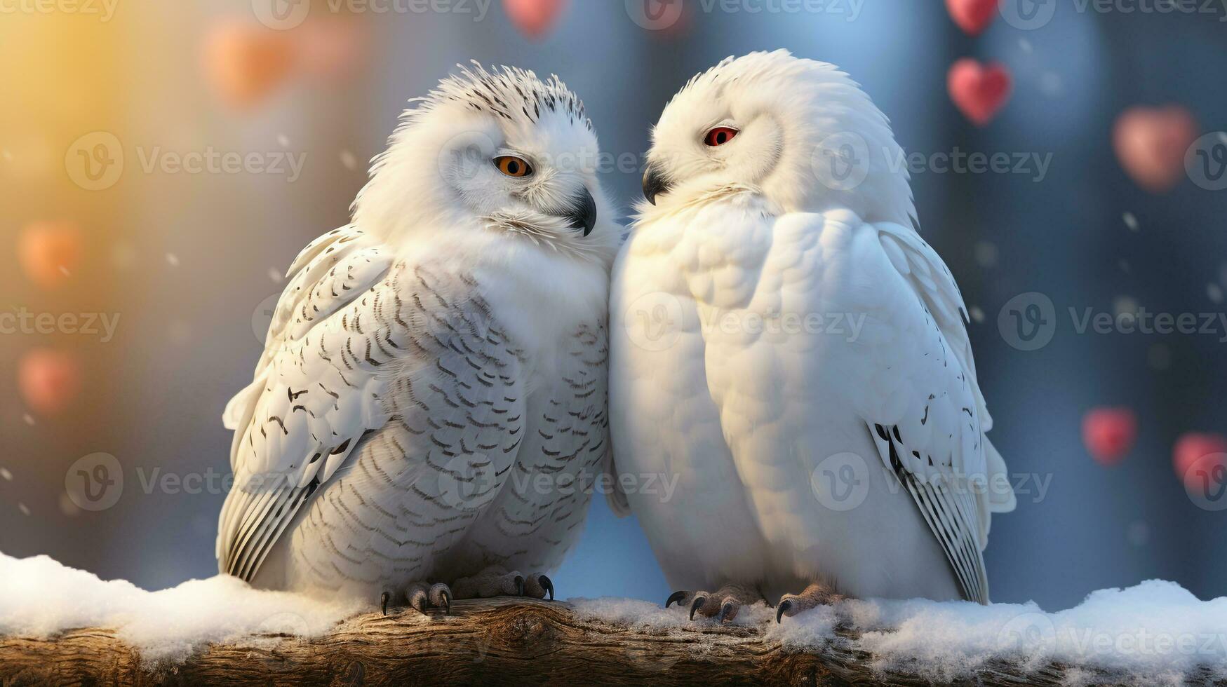 photo of heart-melting two Snowy Owls with an emphasis on expression of love. Generative AI