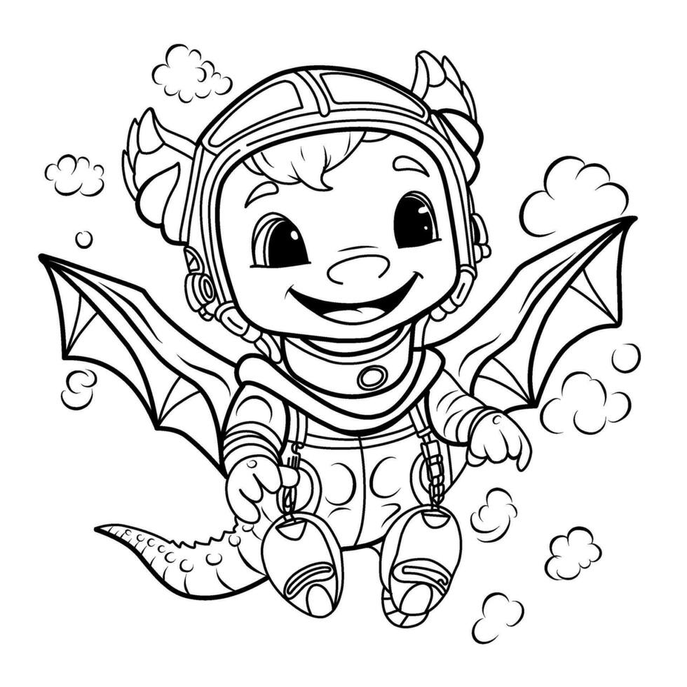 Cute dragon pilot.Simple line illustration for coloring.Dragon year 2024 coloring page vector