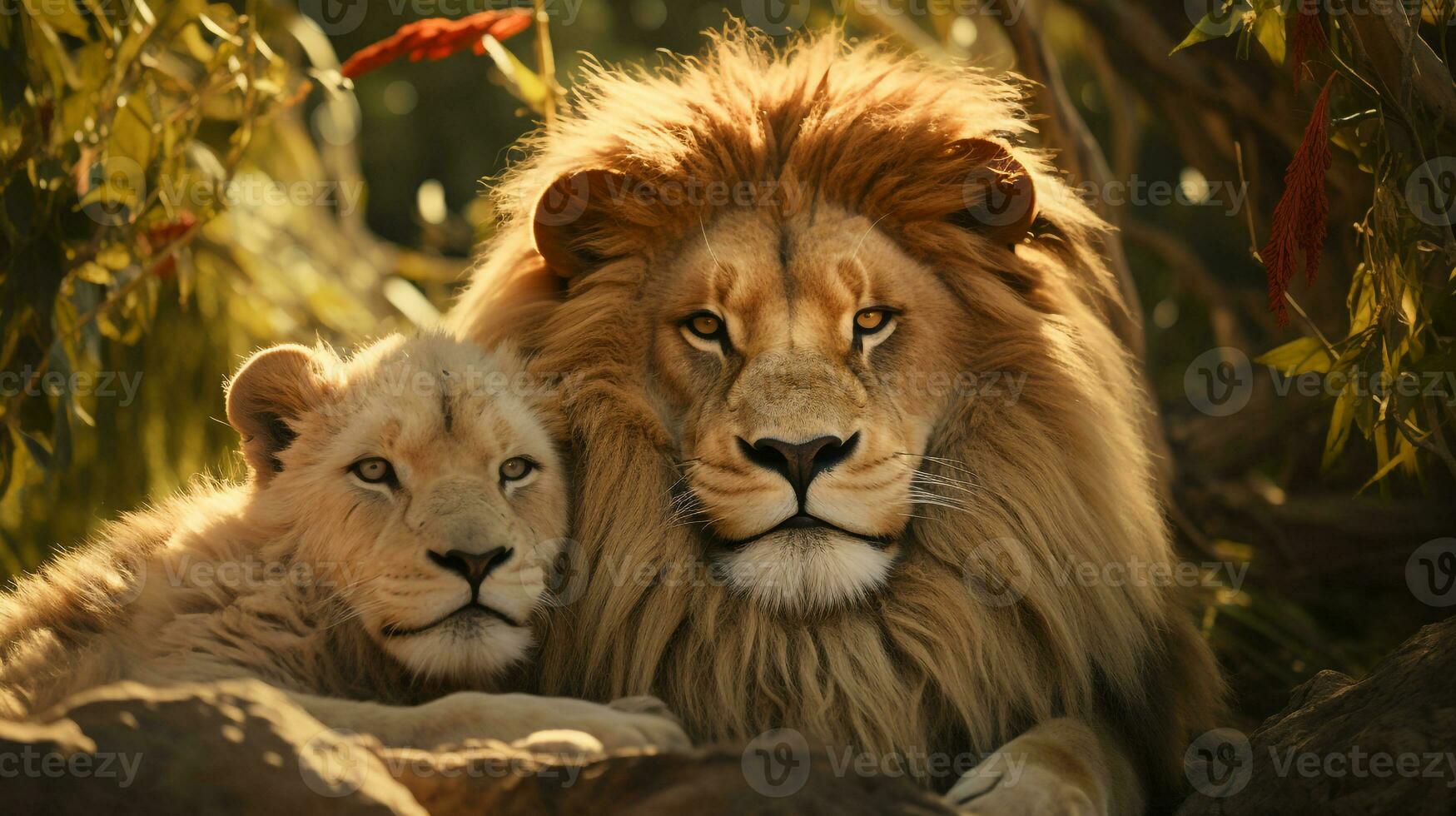 photo of heart-melting two Lions with an emphasis on expression of love. Generative AI