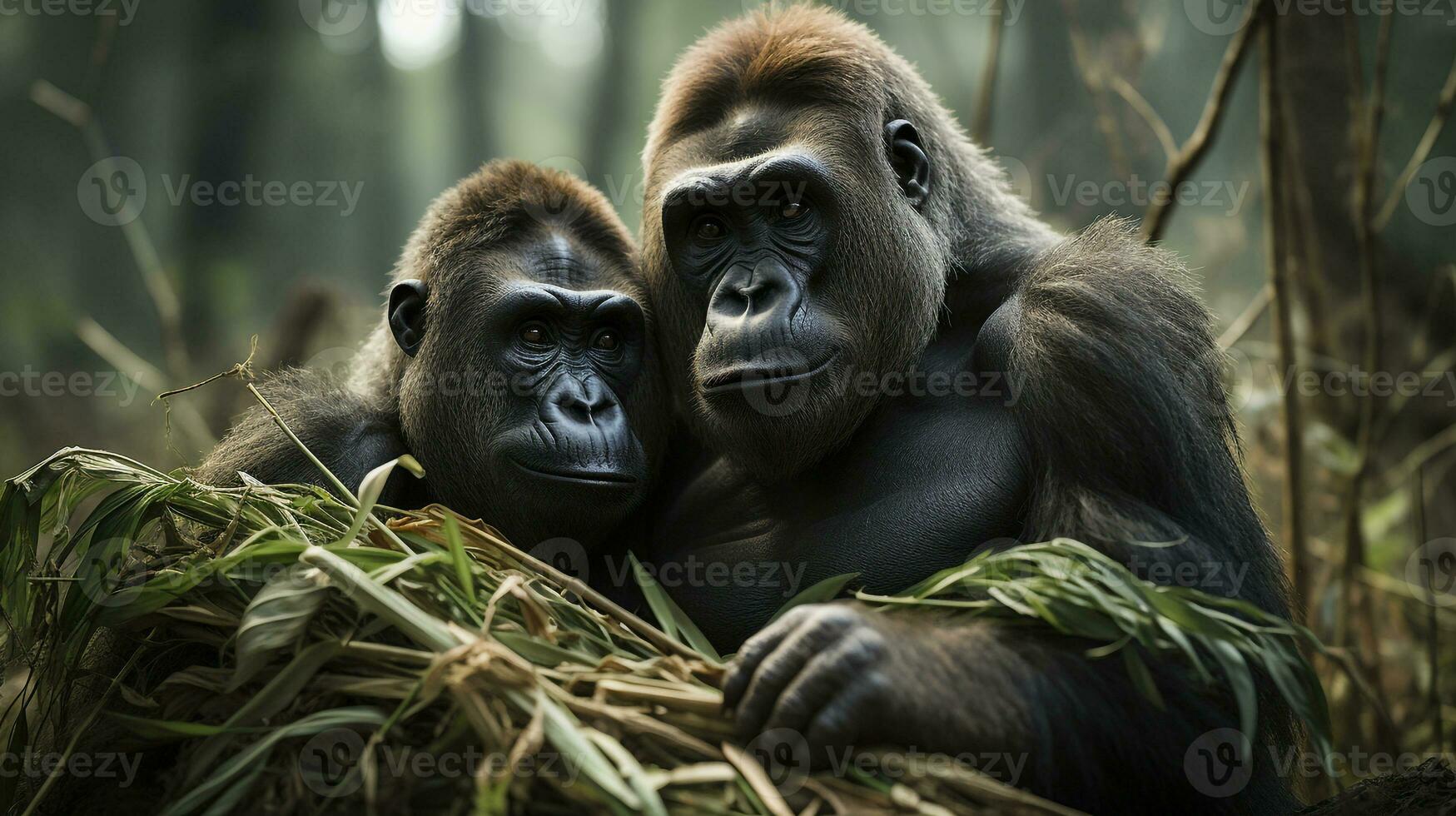 photo of heart-melting two Gorillas with an emphasis on expression of love. Generative AI