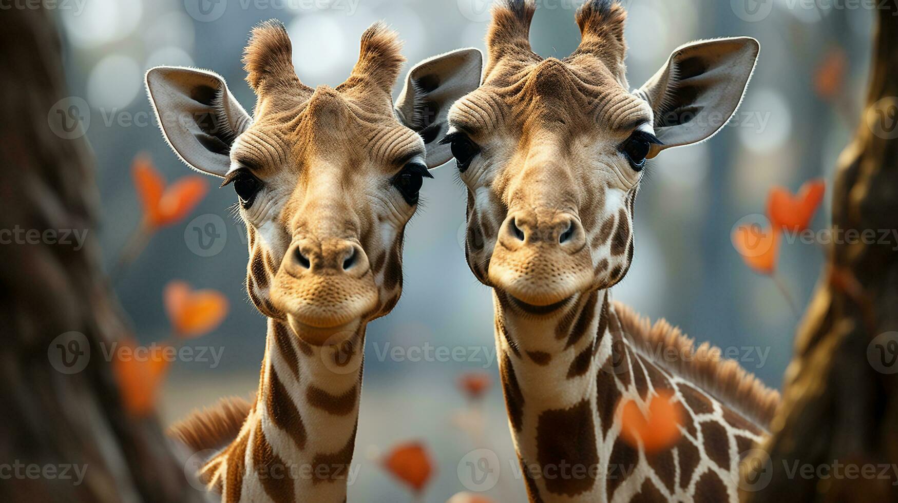 photo of heart-melting two Giraffes with an emphasis on expression of love. Generative AI