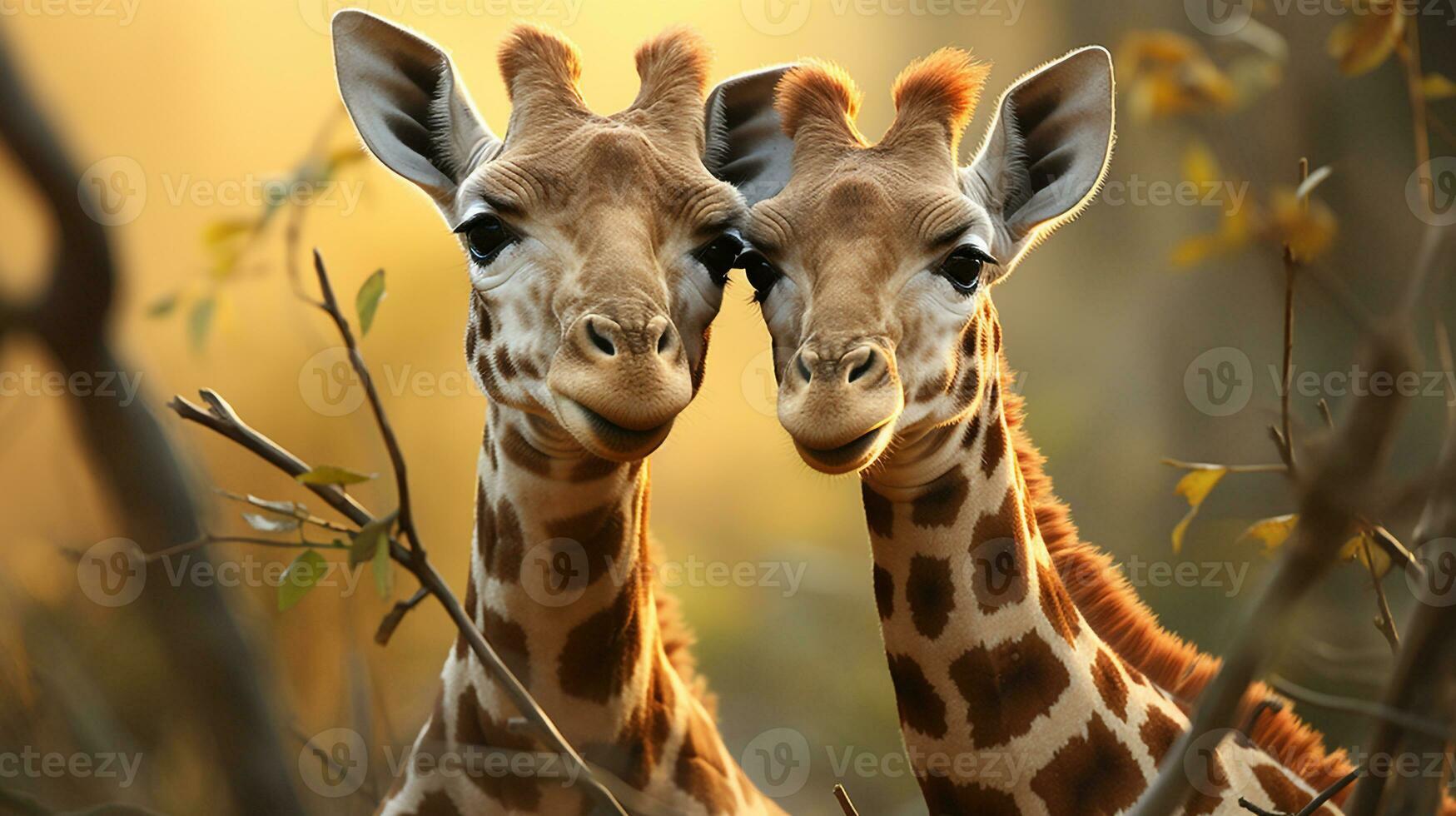 photo of heart-melting two Giraffes with an emphasis on expression of love. Generative AI