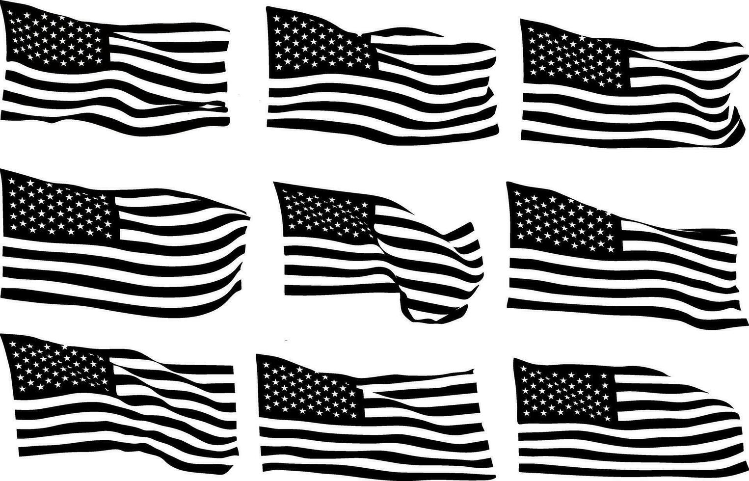 Collection of silhouettes in the wind, waving USA flag, A set of silhouette American flag vector, American Flag Silhouette vector