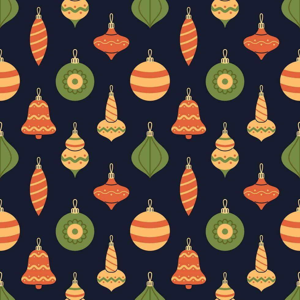 Vector seamless pattern with colorful bubbles and balls for Christmas tree. Red, green and yellow Christmas ornaments and decorations on dark blue background. Wrapping, textile and wallpaper design.